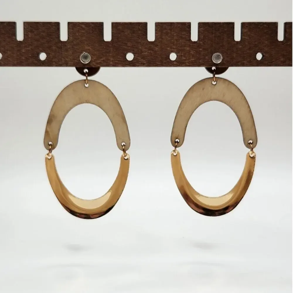 Boho Oval Geometric Wood and Gold Tone Metal Mixed Media Dangle Earrings
